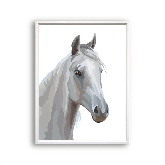 Postercity - Design Poster Wit Paard rechts aquarel - Dieren Paarden Poster - Kinderkamer / Babykamer - 30x21cm / A4