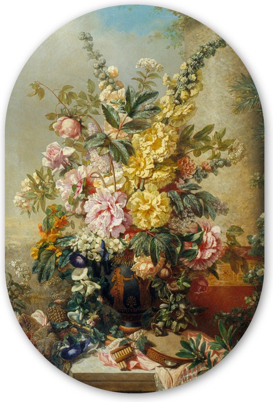 Muurovaal - Kunststof Wanddecoratie - Ovalen Schilderij - Grote vaas met bloemen - Josep Mirabent - Oude meesters - 40x60 cm - Ovale spiegel vorm op kunststof