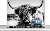 Spatscherm keuken 100x65 cm - Kookplaat achterwand Koe - Schotse hooglander - Zwart - Wit - Dier - Natuur - Wild - Muurbeschermer - Spatwand fornuis - Hoogwaardig aluminium