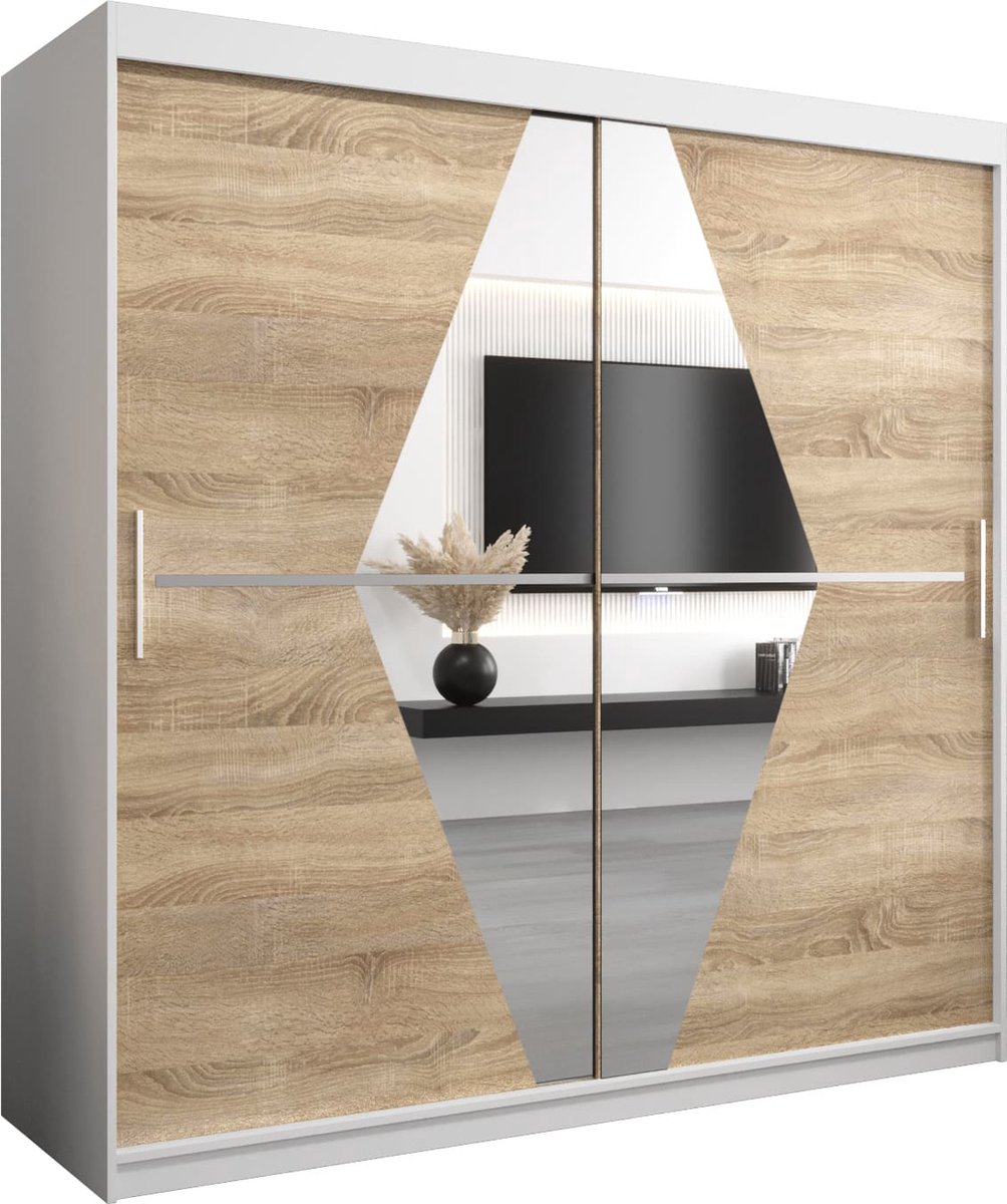 InspireME Kledingkast met 2 schuifdeuren, Modern-stijl, Een kledingkast met planken en een spiegel (BxHxD): 200x200x62 - BOLA 200 Wit Mat + Sonoma Eik