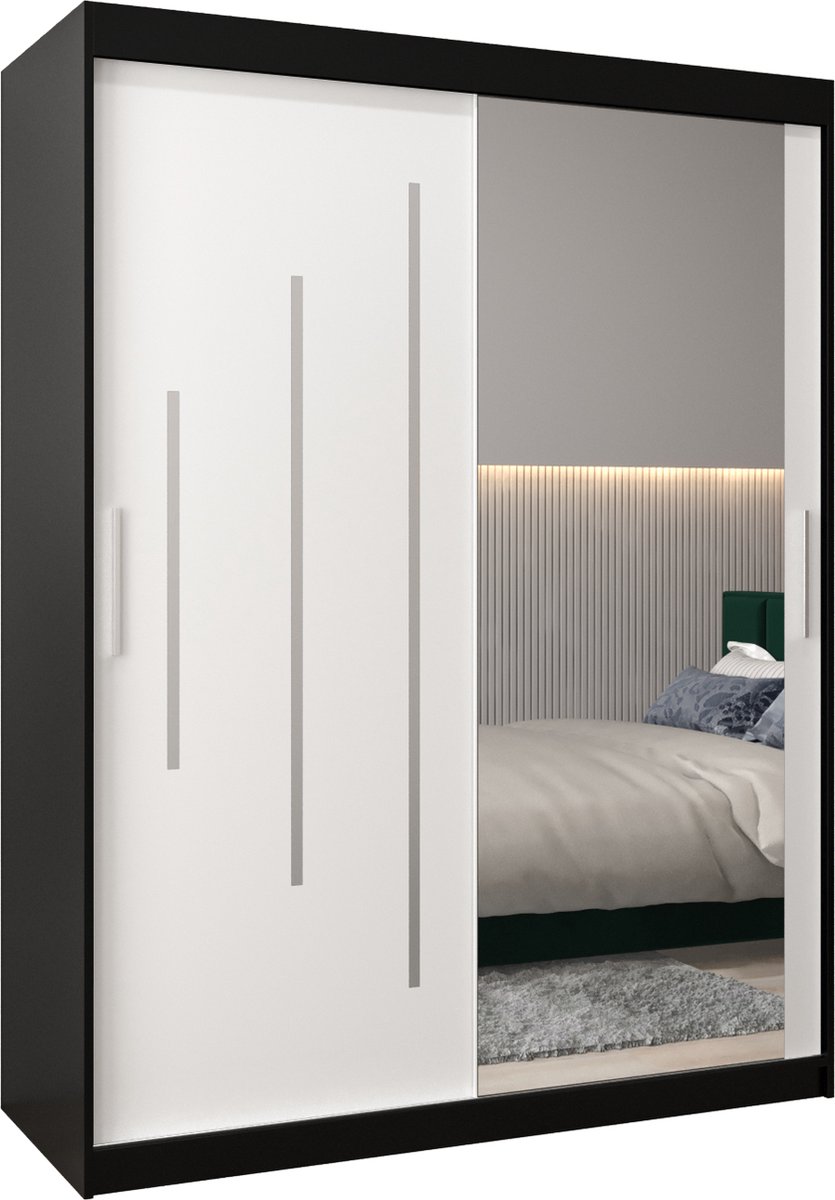 InspireME Kledingkast met 2 schuifdeuren, Modern-stijl, Een kledingkast met planken en een spiegel (BxHxD): 150x200x62 - MALTESE II 150 Zwart Mat + Wit Mat