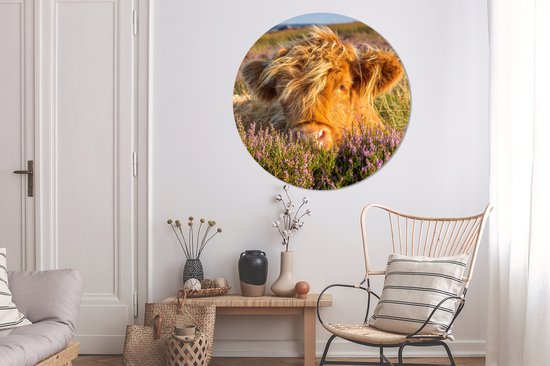 WallCircle - Stickers muraux - Cercle Papier Peint - Highlander écossais - Bruyère - Herbe - Animaux - 140x140 cm - Cercle Mural - Auto Adhésif - Autocollant Papier Peint Rond