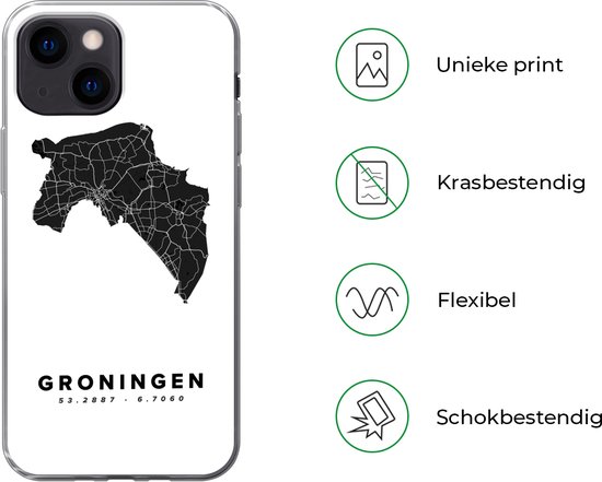 Coque iPhone 13 mini - Groningue - Carte - Zwart - Wit - Siliconen