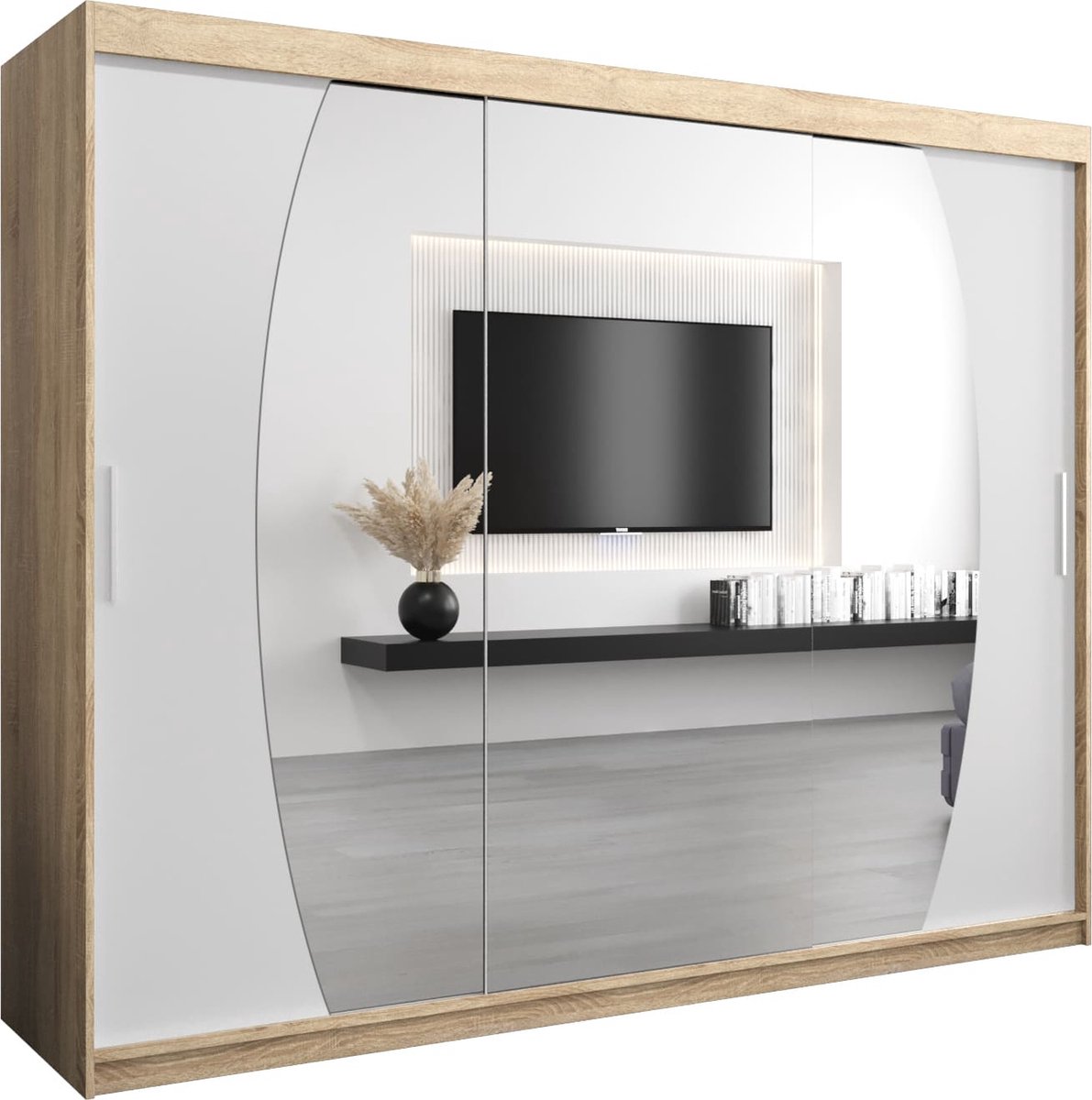 InspireMe - Kledingkast met 3 schuifdeuren, Modern-stijl, Een kledingkast met planken en een spiegel (BxHxD): 250x200x62 - GLOBE 250 Sonoma Eik + Wit Mat mat 4 lades