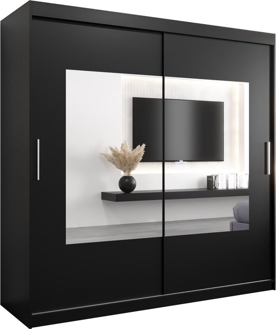InspireMe - Kledingkast met 2 schuifdeuren, Modern-stijl, Een kledingkast met planken en een spiegel (BxHxD): 200x200x62 - TRINA 200 Zwart Mat met 4 lades