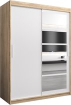 InspireMe - Kledingkast met 2 schuifdeuren, Modern-stijl, Een kledingkast met planken en een spiegel (BxHxD): 150x200x62 - VENEZIA I 150 Sonoma Eik + Wit Mat