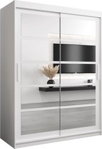InspireMe - Kledingkast met 2 schuifdeuren, Modern-stijl, Een kledingkast met planken en een spiegel (BxHxD): 150x200x62 - VENEZIA II 150 Wit Mat
