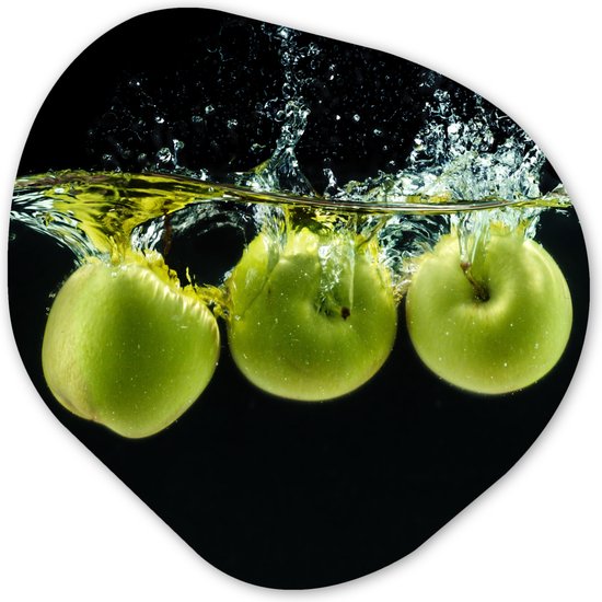 Organische Wanddecoratie - Kunststof Muurdecoratie- Organisch Schilderij - Appels - Fruit - Water - Zwart - Groen- 90x90 cm - Organische spiegel vorm op kunststof
