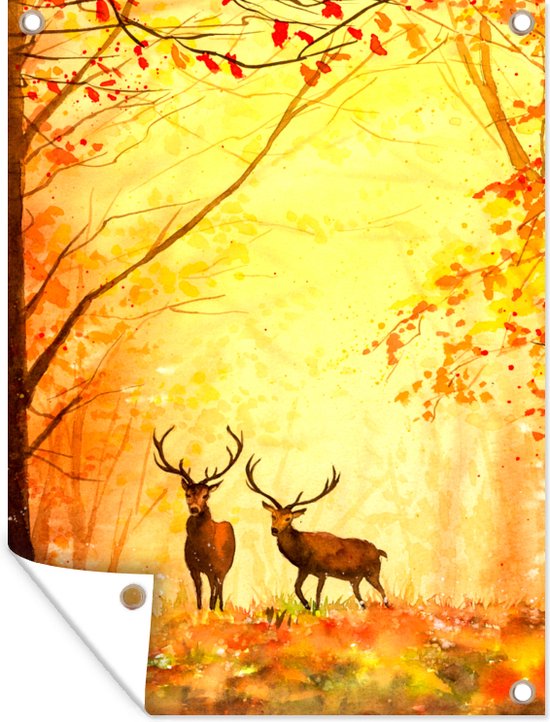 Affiche jardin - Toile jardin - Posters de jardin extérieur - Nature - Peinture à l'huile - Cerf - Animaux - Automne - Oranje - 90x120 cm - Jardin