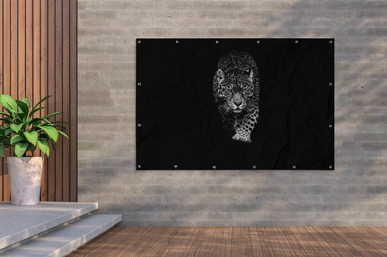 Décoration murale Animaux - Zwart - Léopard - Wit - Sauvage - 180x120 cm - Poster jardin - Toile jardin - Poster extérieur