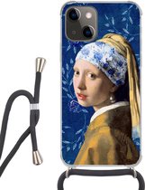 Hoesje met koord Geschikt voor iPhone 13 - Meisje met de parel - Delfts blauw - Vermeer - Bloemen - Schilderij - Oude meesters - Siliconen - Crossbody - Backcover met Koord - Telefoonhoesje met koord - Hoesje met touw