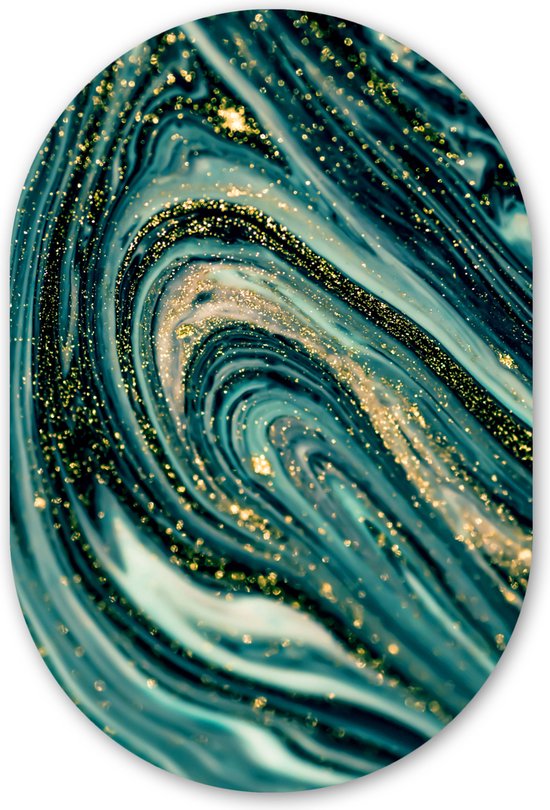 Muurovaal - Wandovaal - Kunststof Wanddecoratie - Ovalen Schilderij - Marmerlook - Luxe - Goud - Turquoise - Glitter - 80x120 cm - Ovale spiegel vorm op kunststof