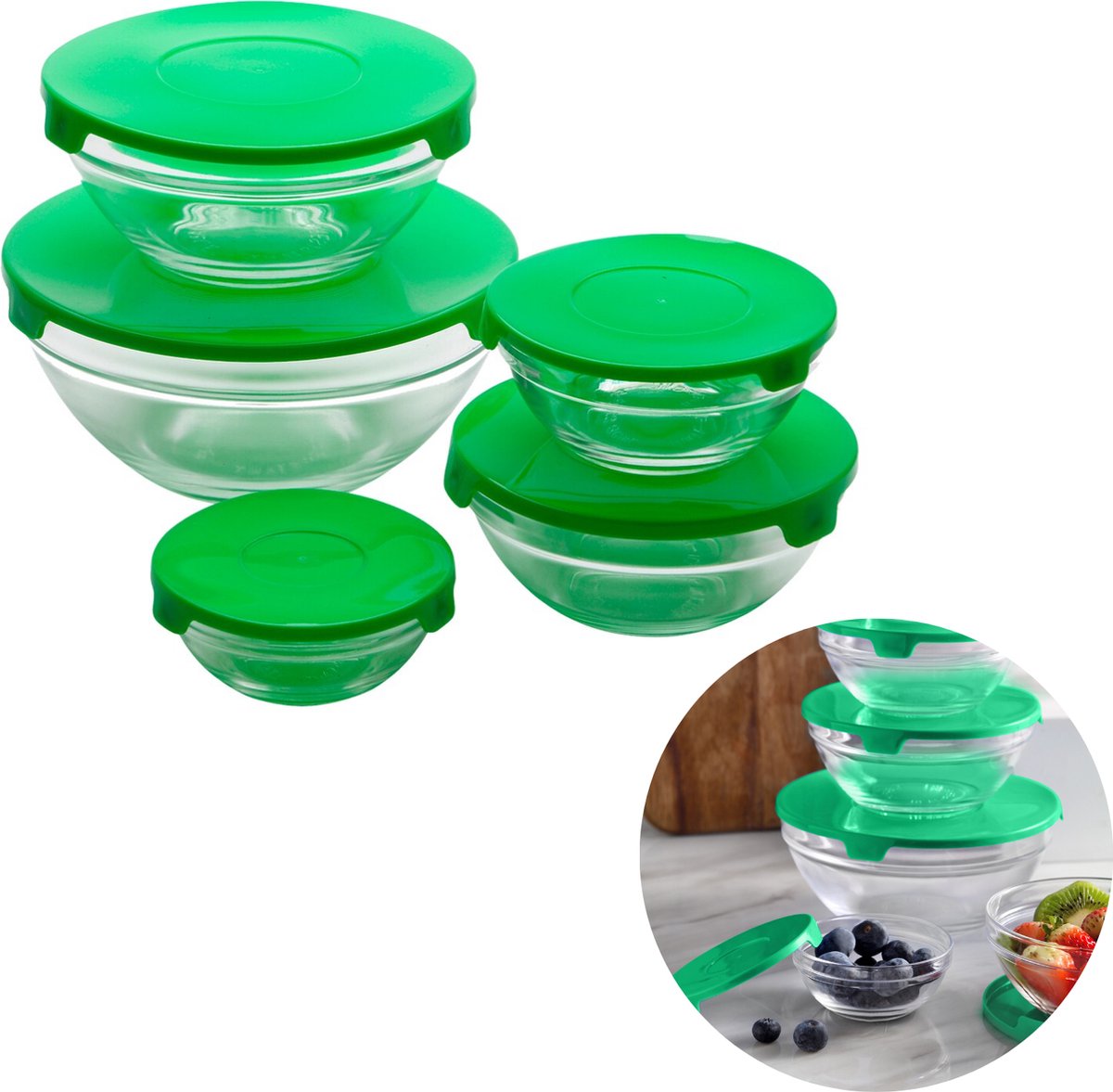 Cheqo® Glazen Vershoudbakjes - Lunchbox - Glazen Kommen - Voedselcontainer - Vershouddoos - Voorraadschaal - Met Deksel - 10 Stuks - Groen