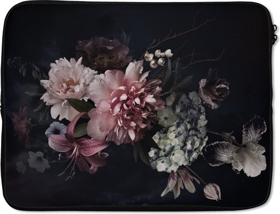 Laptophoes 17 inch - Bloemen - Vintage - Pastel - Roze - Wit - Laptop sleeve - Binnenmaat 41x28 cm - Zwarte achterkant