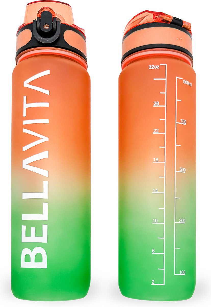 BELLAVITA Drinkfles - Oranje / Groen - Waterfles - Drinkfles volwassenen - Drinkfles kinderen - Drinkfles 1 liter - Fles - 1 liter - 1000ml - Tritan - Fruitfilter- BPA-vrij - 100% lekvrij