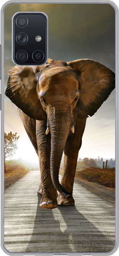 Coque Samsung Galaxy A51 - Éléphant - Route - Animaux - Coucher de soleil - Paysage - Coque de téléphone en Siliconen