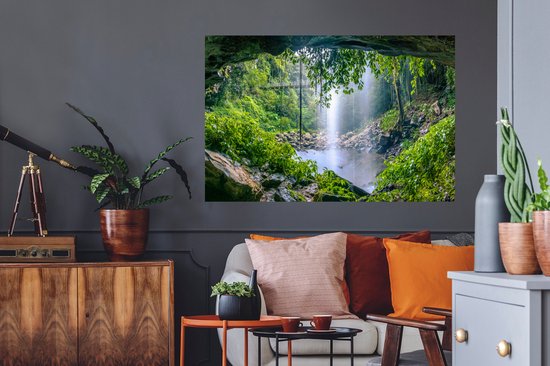 Sticker Muursticker Jungle - Photo de forêt tropicale avec cascade - 120x80 cm - feuille autocollante - sticker mural repositionnable