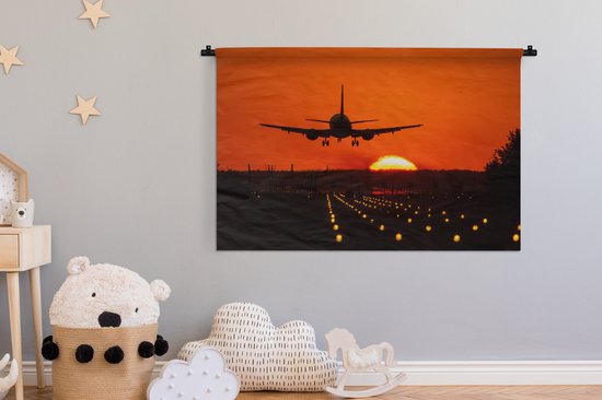 Tenture murale Avions - Silhouette d'un avion avant le coucher du soleil Tenture murale coton 150x100 cm - Tapisserie murale avec photo