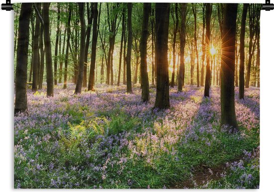 Wandkleed - Wanddoek - Bos - Bloemen - Lavendel - Zon - Paars - Natuur - 90x67.5 cm - Wandtapijt