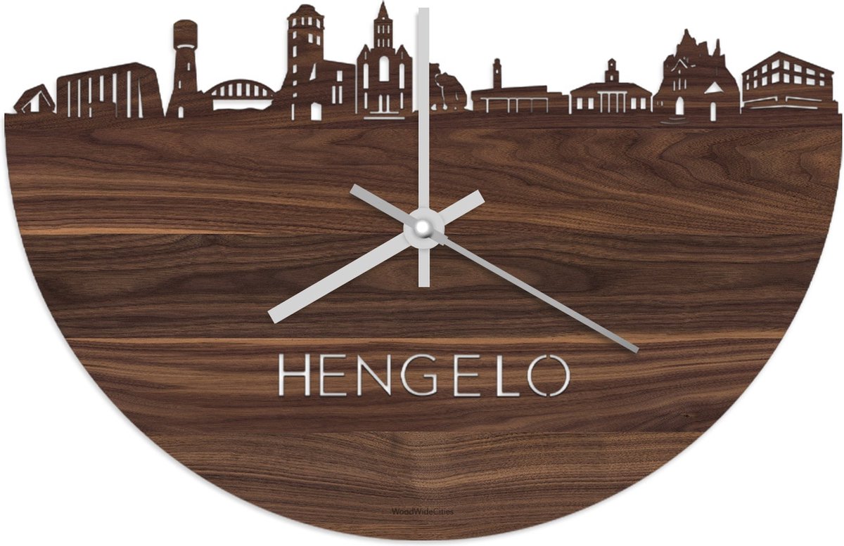 Skyline Klok Hengelo Notenhout - Ø 40 cm - Stil uurwerk - Wanddecoratie - Meer steden beschikbaar - Woonkamer idee - Woondecoratie - City Art - Steden kunst - Cadeau voor hem - Cadeau voor haar - Jubileum - Trouwerij - Housewarming - WoodWideCities
