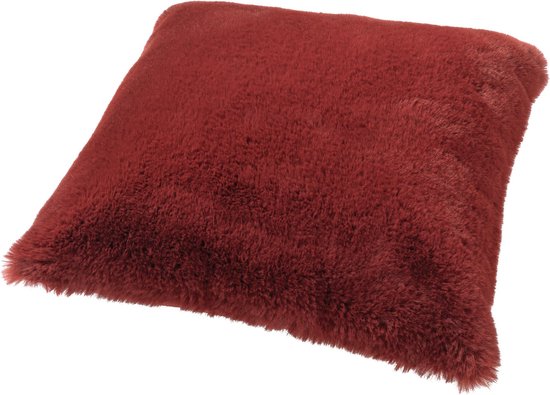 Rood sierkussen met lange, zachte bontlook stof.