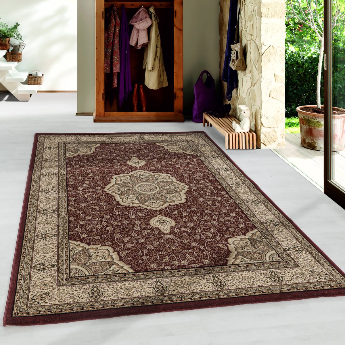 Oosterse vloerkleed, oosters design, rode kleur, vloerkleed voor de woonkamer, jute achterkant, afmeting: 200 cm x 290 cm