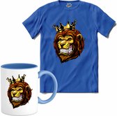 Oranje Leeuw - WK en EK voetbal - koningsdag en Koninginnedag feest kleding - T-Shirt met mok - Heren - Royal Blue - Maat S