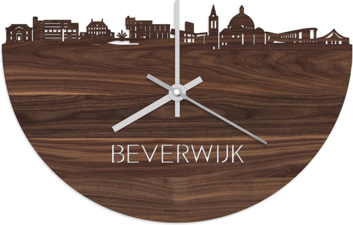 Skyline Klok Beverwijk Notenhout - Ø 40 cm - Stil uurwerk - Wanddecoratie - Meer steden beschikbaar - Woonkamer idee - Woondecoratie - City Art - Steden kunst - Cadeau voor hem - Cadeau voor haar - Jubileum - Trouwerij - Housewarming - WoodWideCities