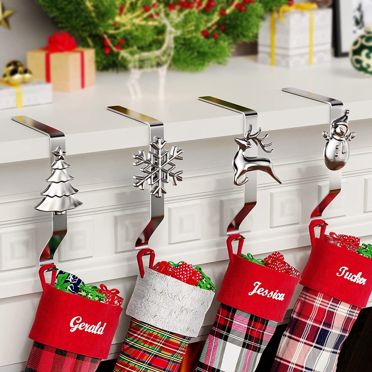 Roylvan Christmas Stocking Hangers for Mantle, Set of 4 Non-slip Xmas Stocking Holders Hooks for Fireplace Stocking Hang Grip Christmas Gift Ornament for Party Holiday New Year Decoration, Silver