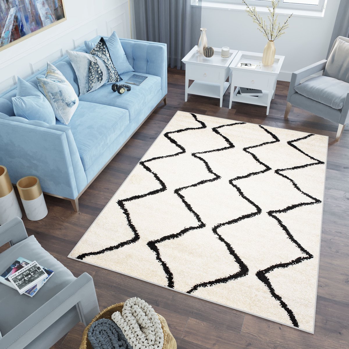 Tapiso Delhi Vloerkleed Hoogpolig Slaapkamer Modern Tapijt Maat- 60x100 Beige Zwart 2