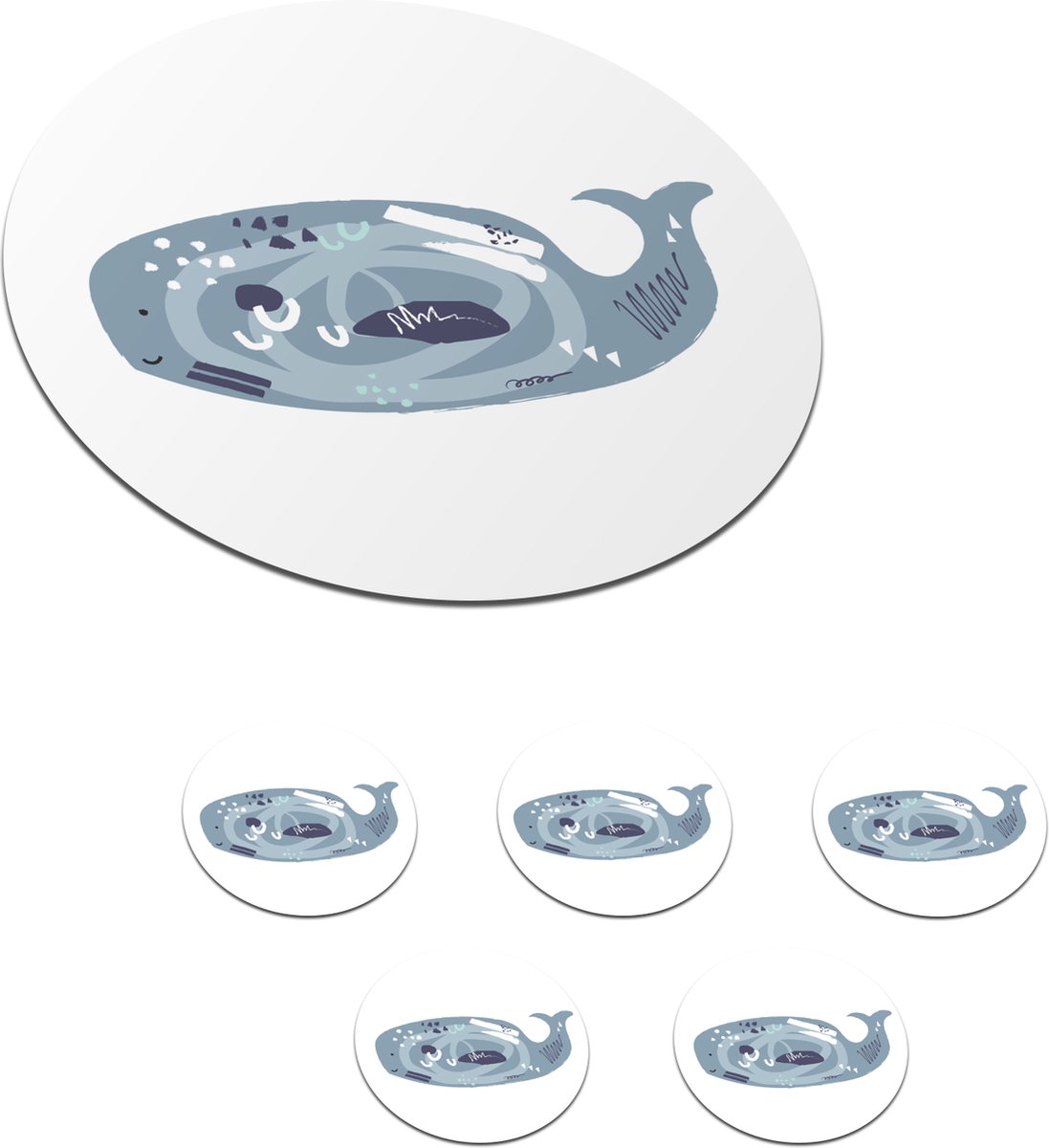 Onderzetters voor glazen - Rond - Walvis - Grijs - Pastel - 10x10 cm - Glasonderzetters - 6 stuks