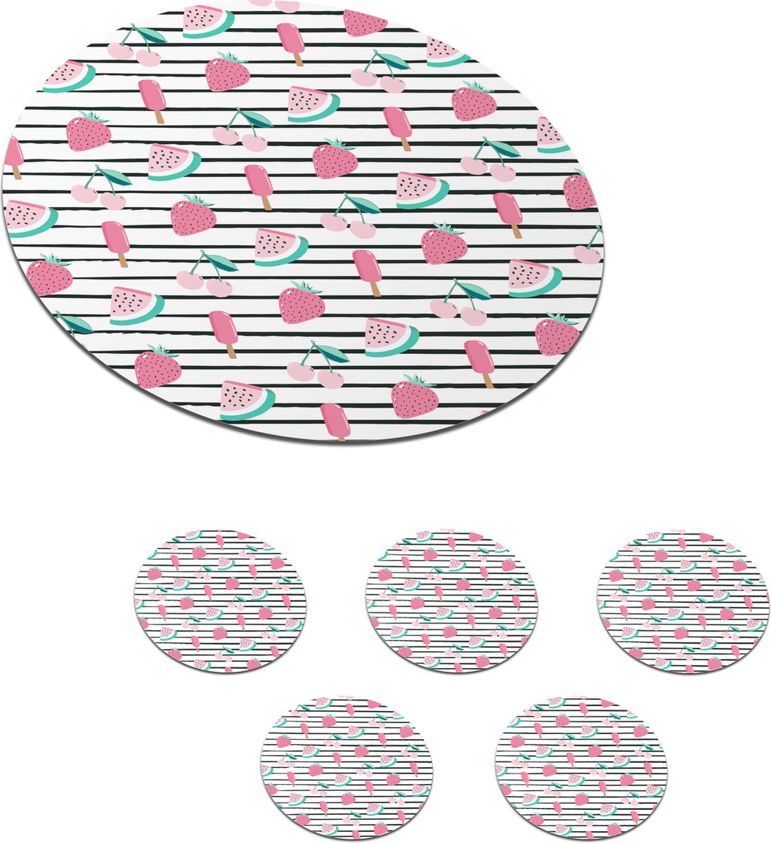 Onderzetters voor glazen - Rond - Fruit - Roze - Patroon - 10x10 cm - Glasonderzetters - 6 stuks