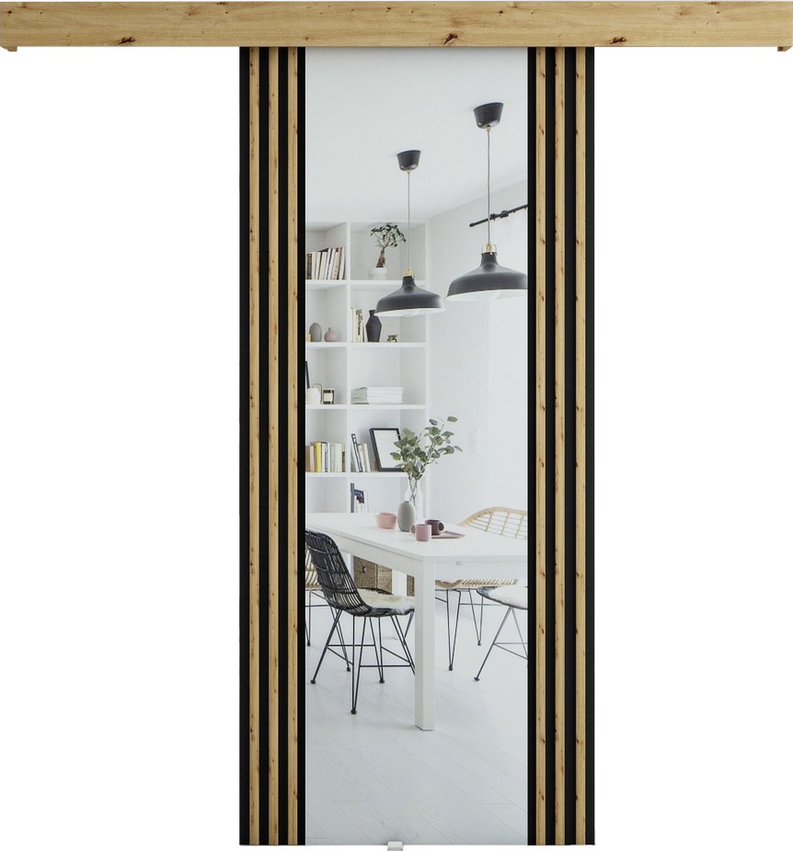 InspireMe - Schuifdeursysteem met rail en spiegel - 90x204cm - ZEBRA II - Zwart + Artisan Eik met Soft-Close system