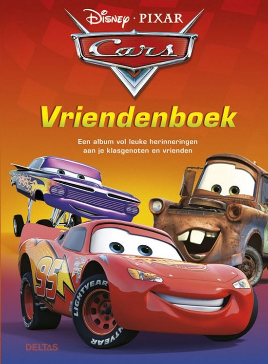 Voorpagina van een 'Vriendenboek' met de Disney Cars karakters Bliksem McQueen, Takel en Ramone.