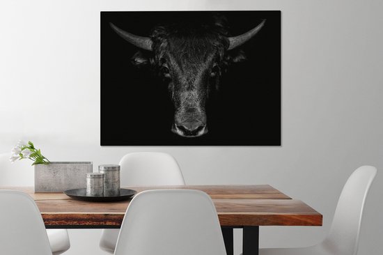 Toile - Animaux - Taureau - Zwart - Wit - Photo sur toile - 80x60 cm - Salon - Peintures sur toile