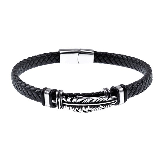 Leren Armband Heren - Zwarte Leer - Stalen Zilverkleur - Armband met Veer