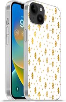 Geschikt voorApple Iphone 14 Plus - Soft case hoesje - Dennentak - Kerst - Goud - Patroon - Siliconen Telefoonhoesje