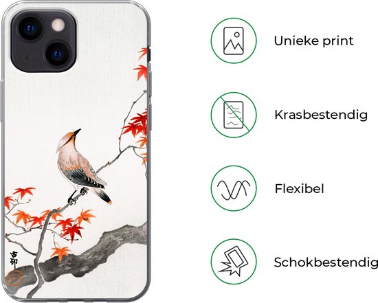 Coque iPhone 13 Mini - Érable du Japon - Scandinave - Vogel - Branche - Coque de téléphone en Siliconen