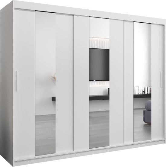 InspireMe - Armoire avec 3 portes coulissantes, Style moderne, Une armoire avec des étagères et un miroir (LxHxP): 250x200x62 - DANCE 250 Wit Mat avec 4 tiroirs