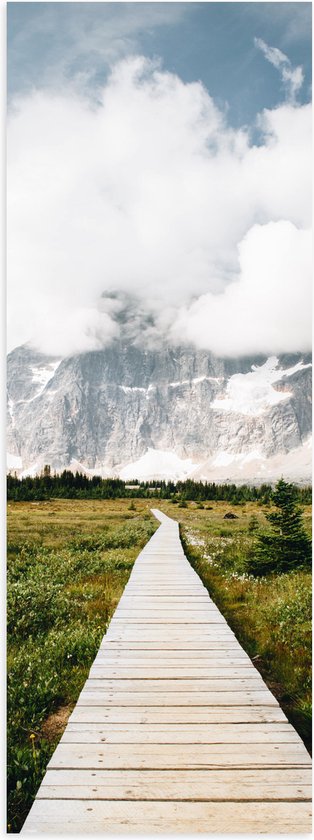 WallClassics - Poster (Mat) - Houten Pad richting de Bergen - 20x60 cm Foto op Posterpapier met een Matte look