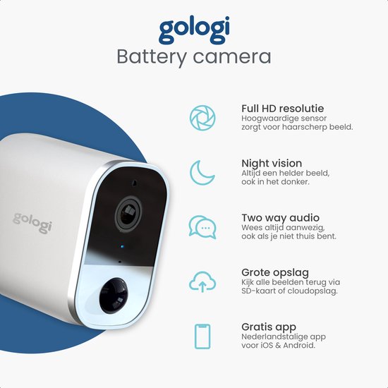Gologi draadloze camera op accu - Beveiligingscamera - Met nachtzicht -  WiFi camera -... | bol.com