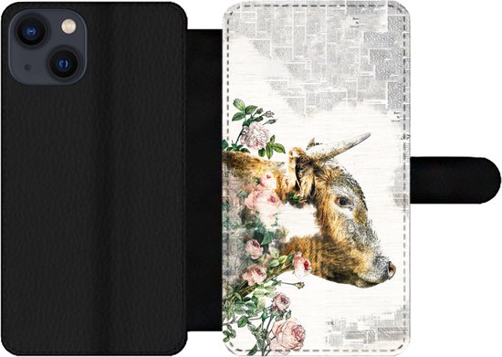 Étui pour téléphone iPhone 13 Bookcase - Highlander écossais - Peinture - Fleurs - Avec compartiments - Étui portefeuille avec fermeture magnétique