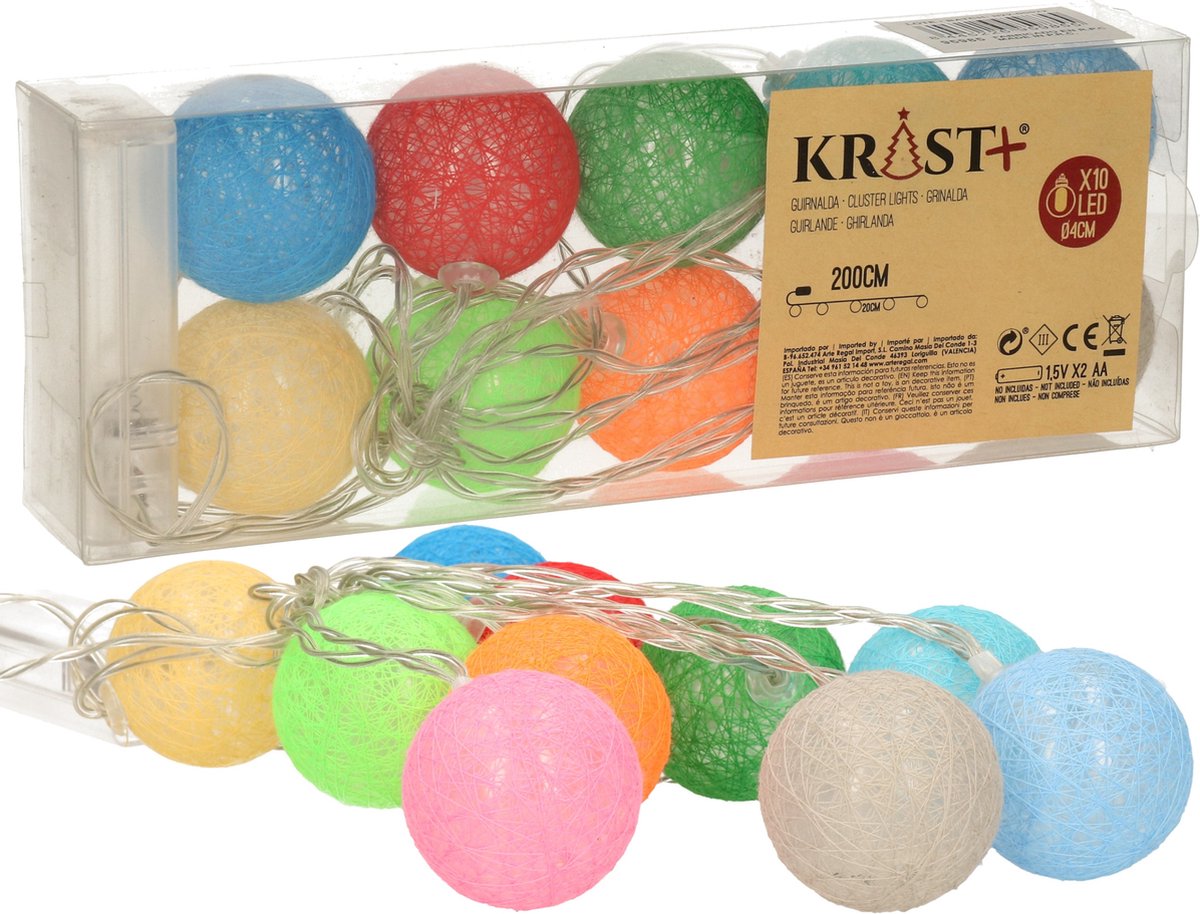 Krist+ Feestverlichting lichtsnoer - Set van 2x st - met katoenen balletjes - gekleurd 200 cm