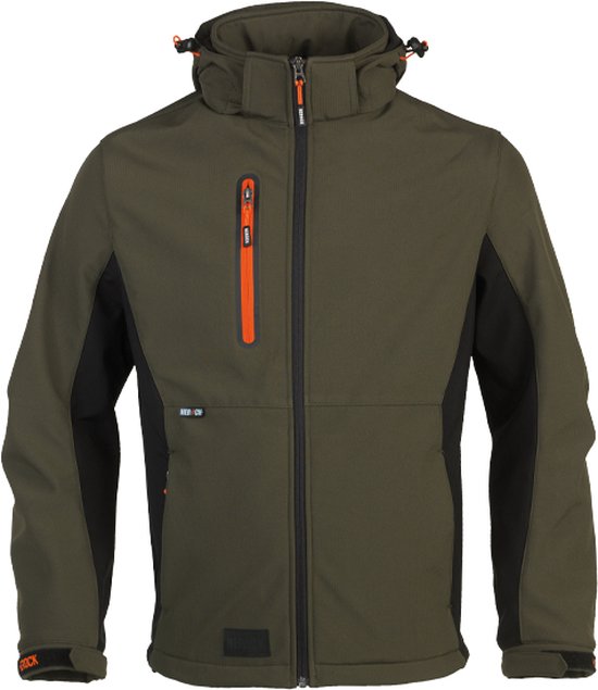 Khakigroene softshell werkjas met zwarte zijpanelen en oranje accenten op de rits.