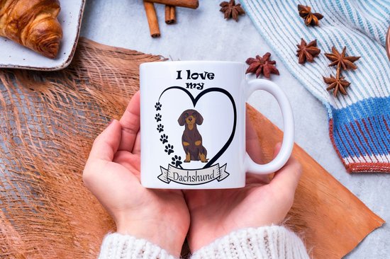 Dog Lover Mug avec texte : I love my teckel couleur chocolat | Amoureux des Chiens | Sort de Chiens | Cadeau | Mug drôle | Tasse de café | Gobelet à café | Tasse à thé | Tasse de thé