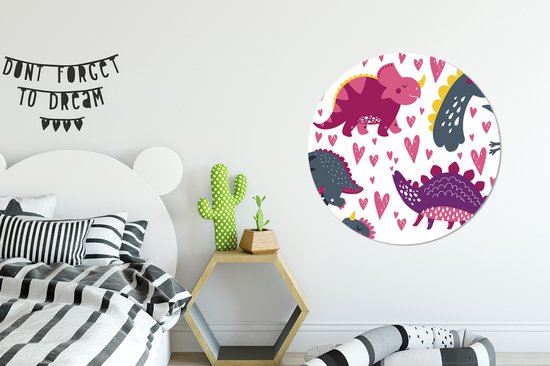 Wandcirkel kind - Kinderkamer decoratie - Dino - Hart - Patronen - Roze - Meisjes - ⌀ 90 cm - Dinosaurus - Muurdecoratie kinderkamer - Kunststof