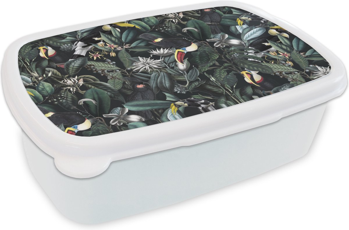 Broodtrommel Wit - Lunchbox - Brooddoos - Bloemen - Vogel - Toekan - 18x12x6 cm - Volwassenen