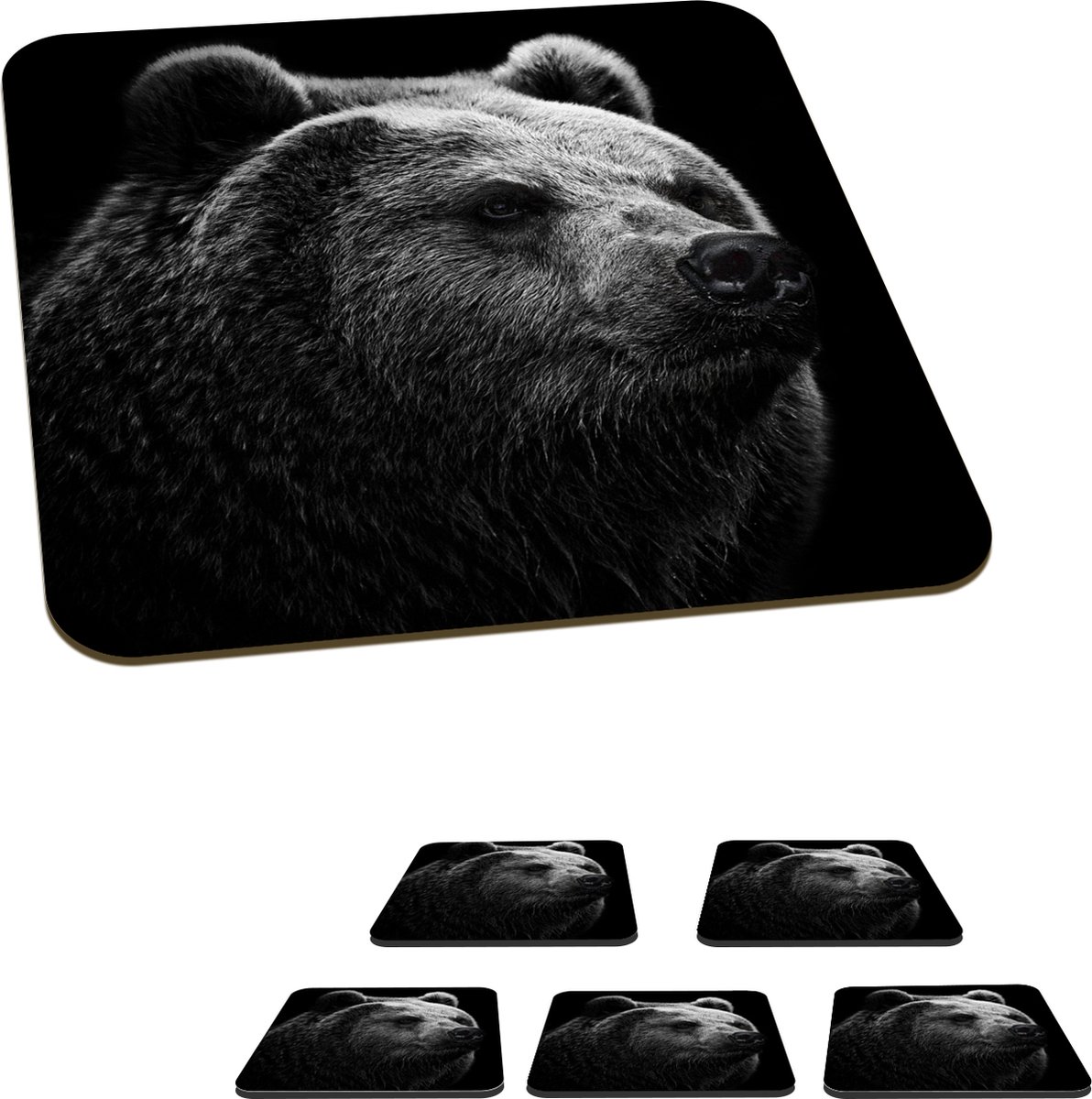 Onderzetters voor glazen - Beer - Dier - Zwart - Wit - 10x10 cm - Glasonderzetters - 6 stuks