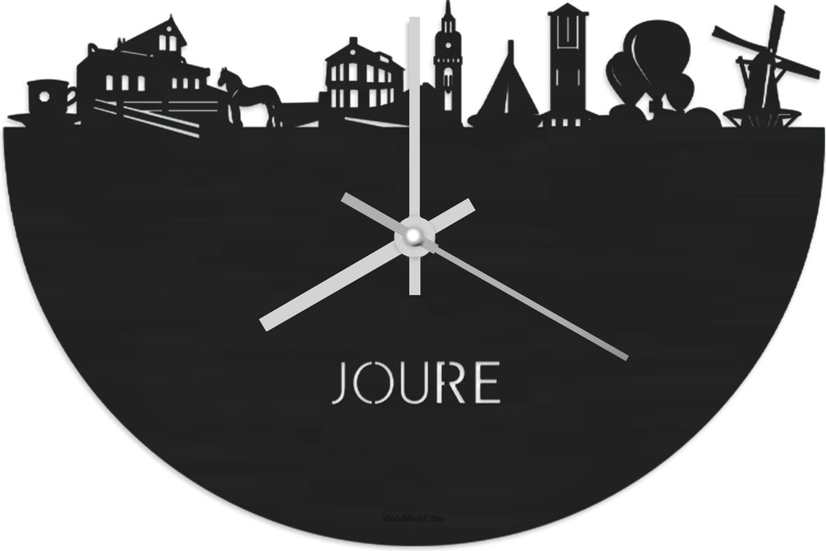 Skyline Klok Joure Zwart hout - Ø 40 cm - Stil uurwerk - Wanddecoratie - Meer steden beschikbaar - Woonkamer idee - Woondecoratie - City Art - Steden kunst - Cadeau voor hem - Cadeau voor haar - Jubileum - Trouwerij - Housewarming - WoodWideCities