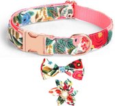 Luxe hondenhalsband - Roze bloem - Maat XL - Rosegoud - incl. strikje en bloem
